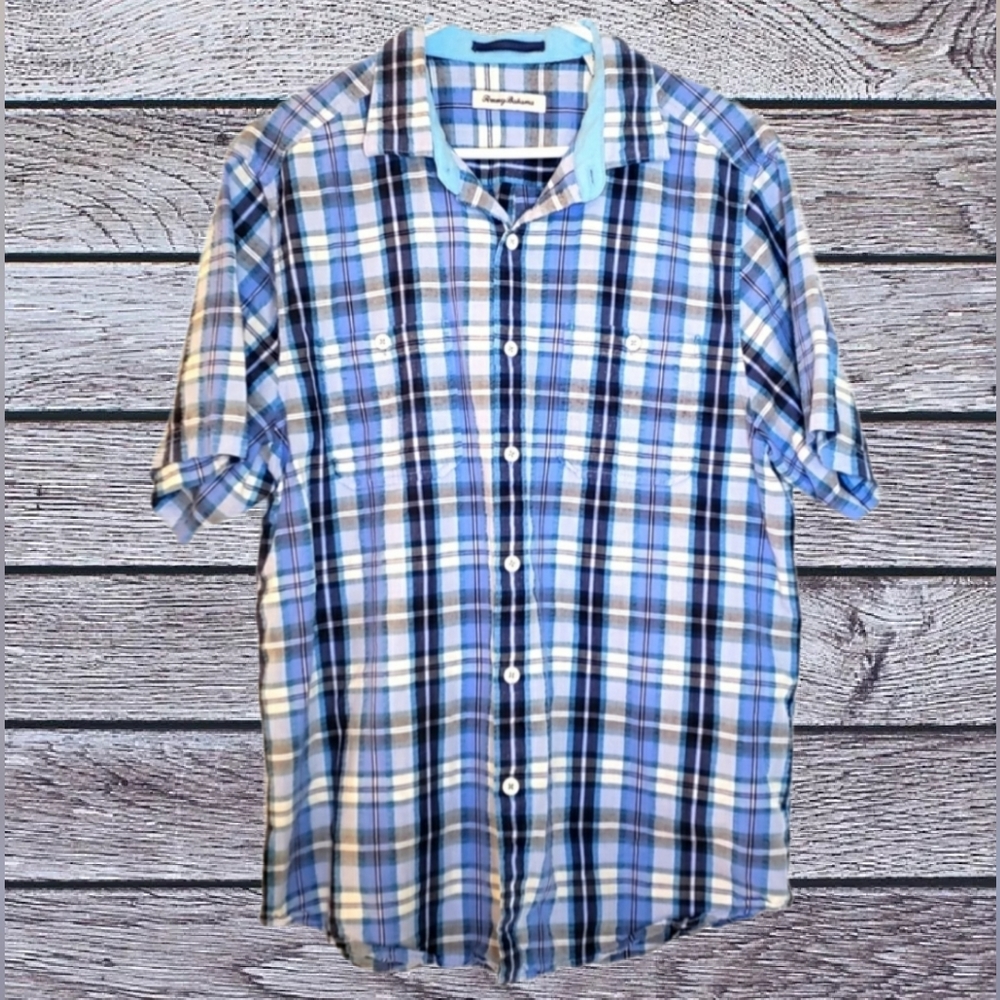 Tommy Bahama Relax Men's Plaid Button-Down Short Sleeve Shirt Blue & White Large